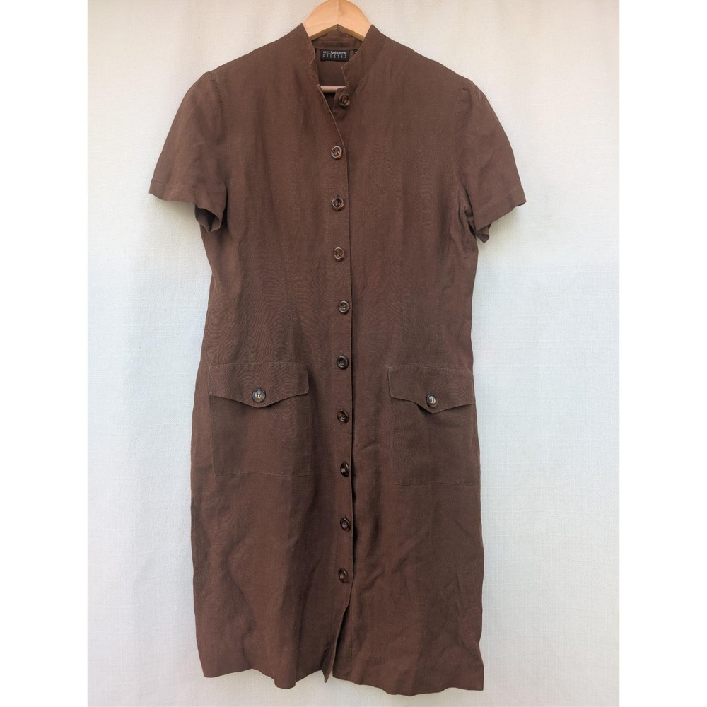 Liz Claiborne Utility Safari Shirt Dress Womens 10 Brown Silk Linen Minimalist